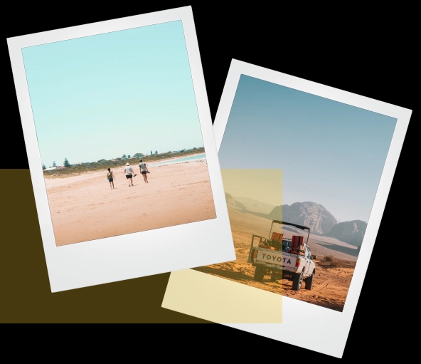 Polaroid pictures of a electric vehicle and the team on the beach